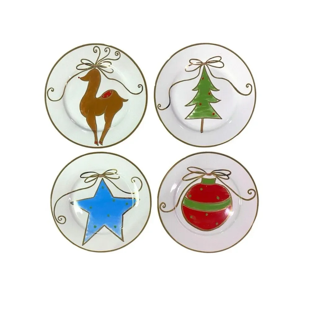 Pier 1 Christmas Salad Dessert Plates Deer Star Ornament Tree Gold Trim Set of 4